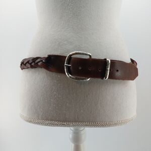 Women's Brown Leather Woven Braided Weaved Belt Silver Tone Buckle Size 33